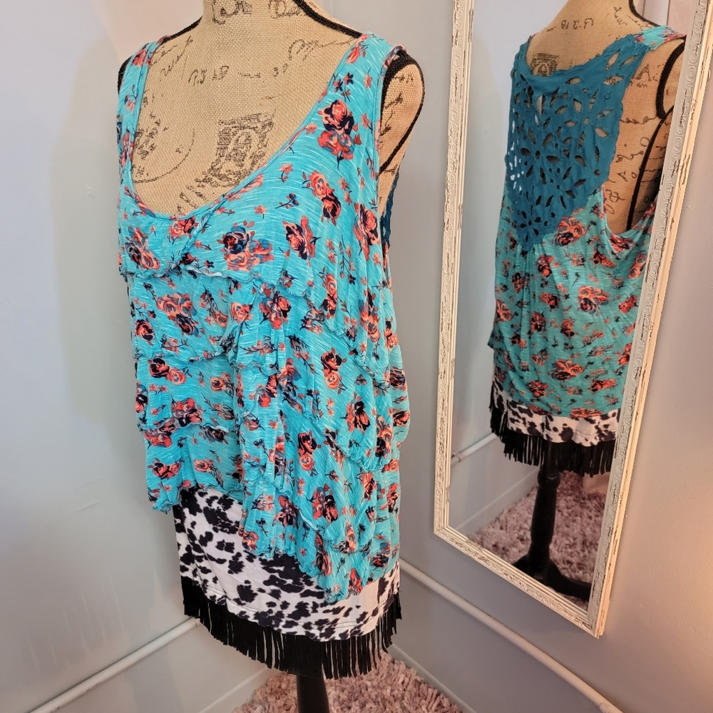 XL floral ruffle lace back tank top